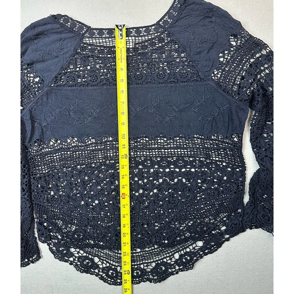 Anthropologie Deletta Crochet Lace Top Navy Blue Sz L Witchy Boho Coquette